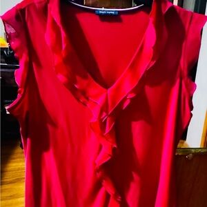 🔥TOMMY HILFIGER Women's Red Mixed-Media Sleeveless Ruffle Top🔥